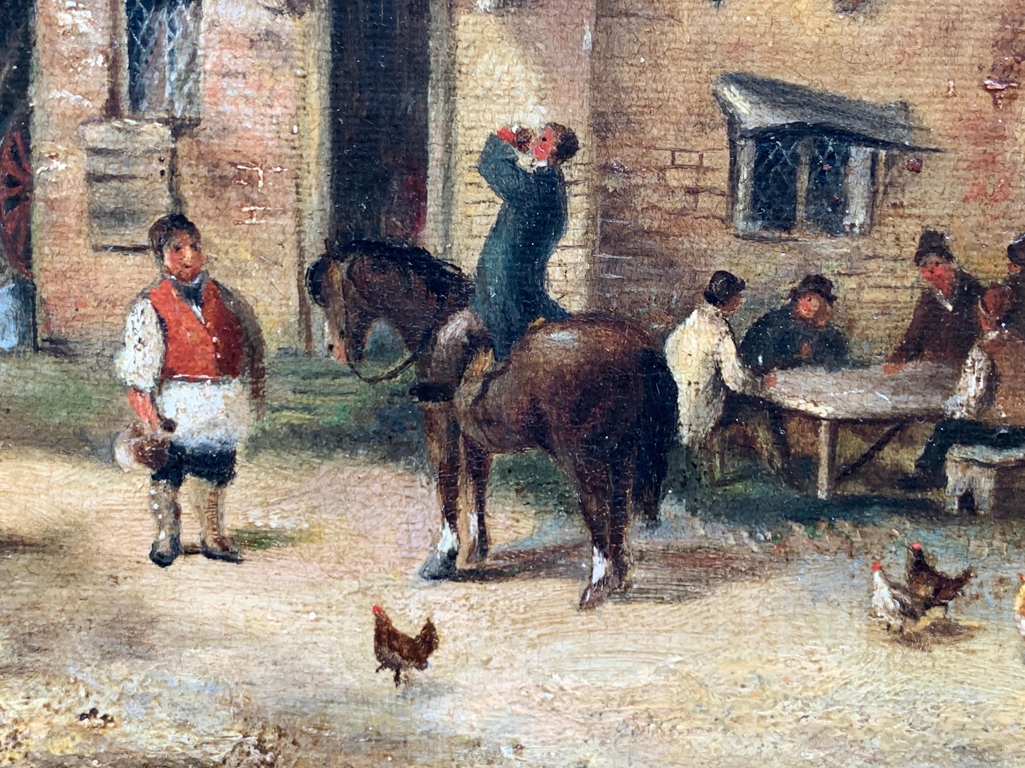 The Village Inn Victorian Oil Painting Gilt Framed Many Figures Chickens & Dog - Brown Animal Painting by Georgina Lara