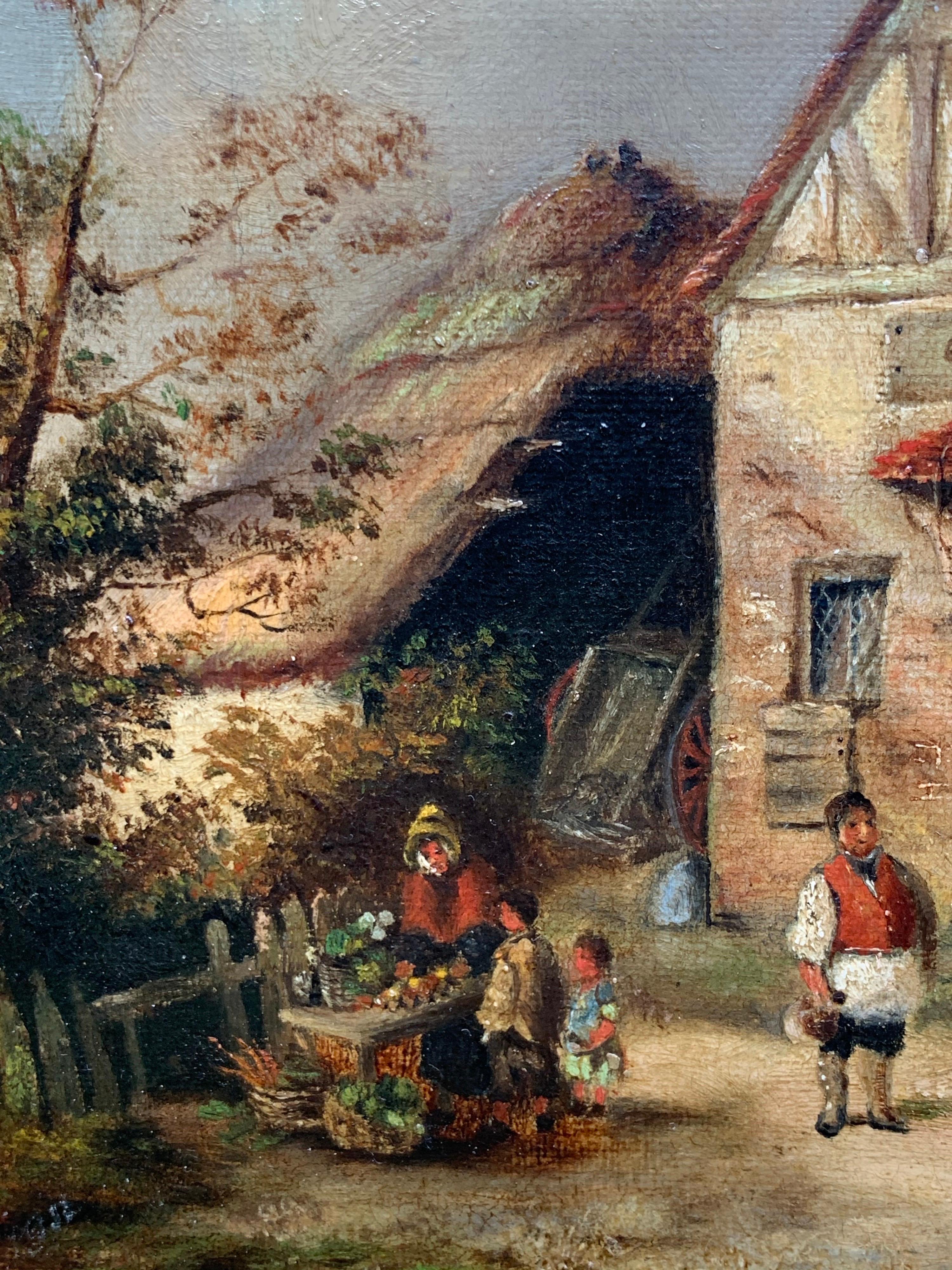 Peinture à l'huile victorienne du Village Inn, encadrée et dorée, représentant de nombreuses figurines poulets et chiens en vente 1