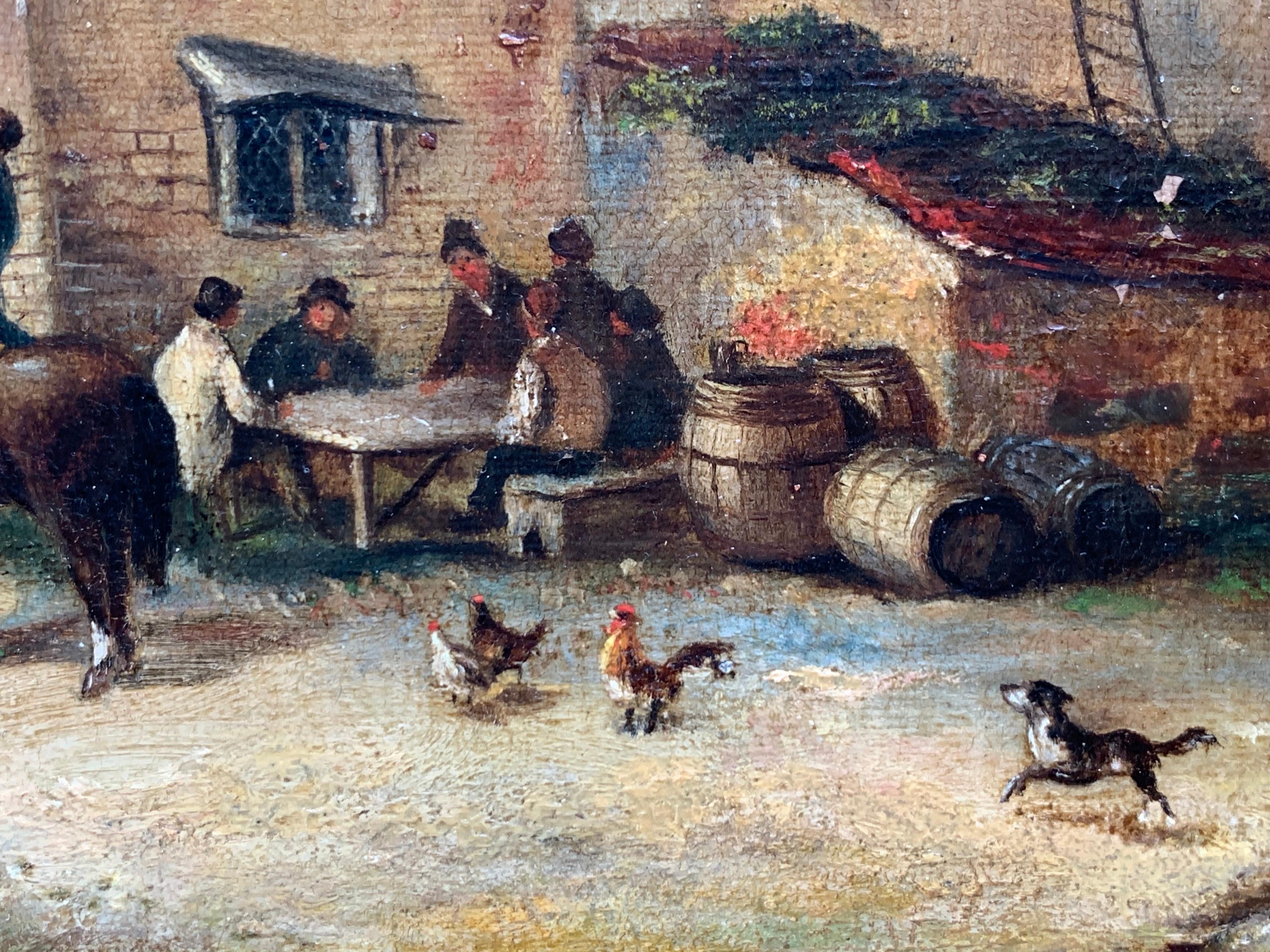 Peinture à l'huile victorienne du Village Inn, encadrée et dorée, représentant de nombreuses figurines poulets et chiens en vente 2