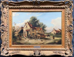 Peinture à l'huile victorienne du Village Inn, encadrée et dorée, représentant de nombreuses figurines poulets et chiens