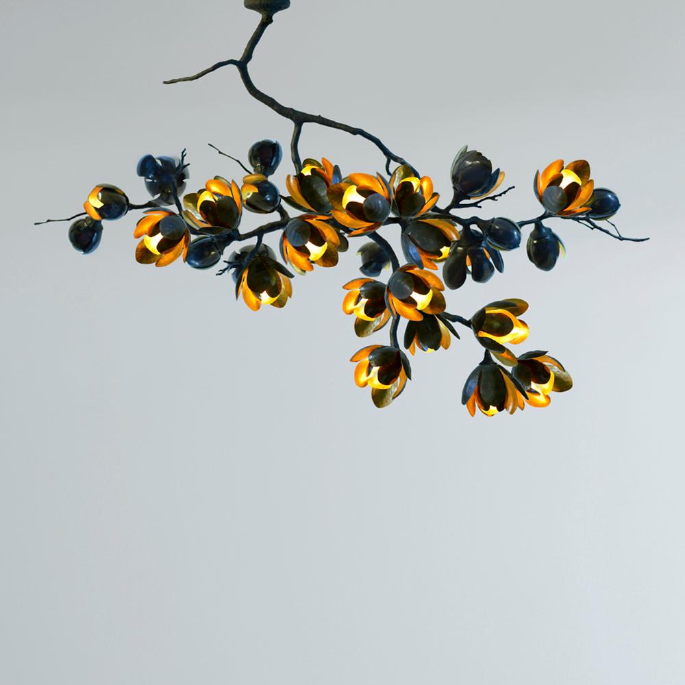 Georgina Magnolia Cascada Lámpara Colgante by 7Gods Studio
Dimensiones: P 70 x An 150 x Al 120 cm
Materiales:  Rama: Fibra de carbono, Flor: Latón batido a mano
Peso: de 6 a 20 kg

Acerca de: Tomando las formas perdurables de la naturaleza como