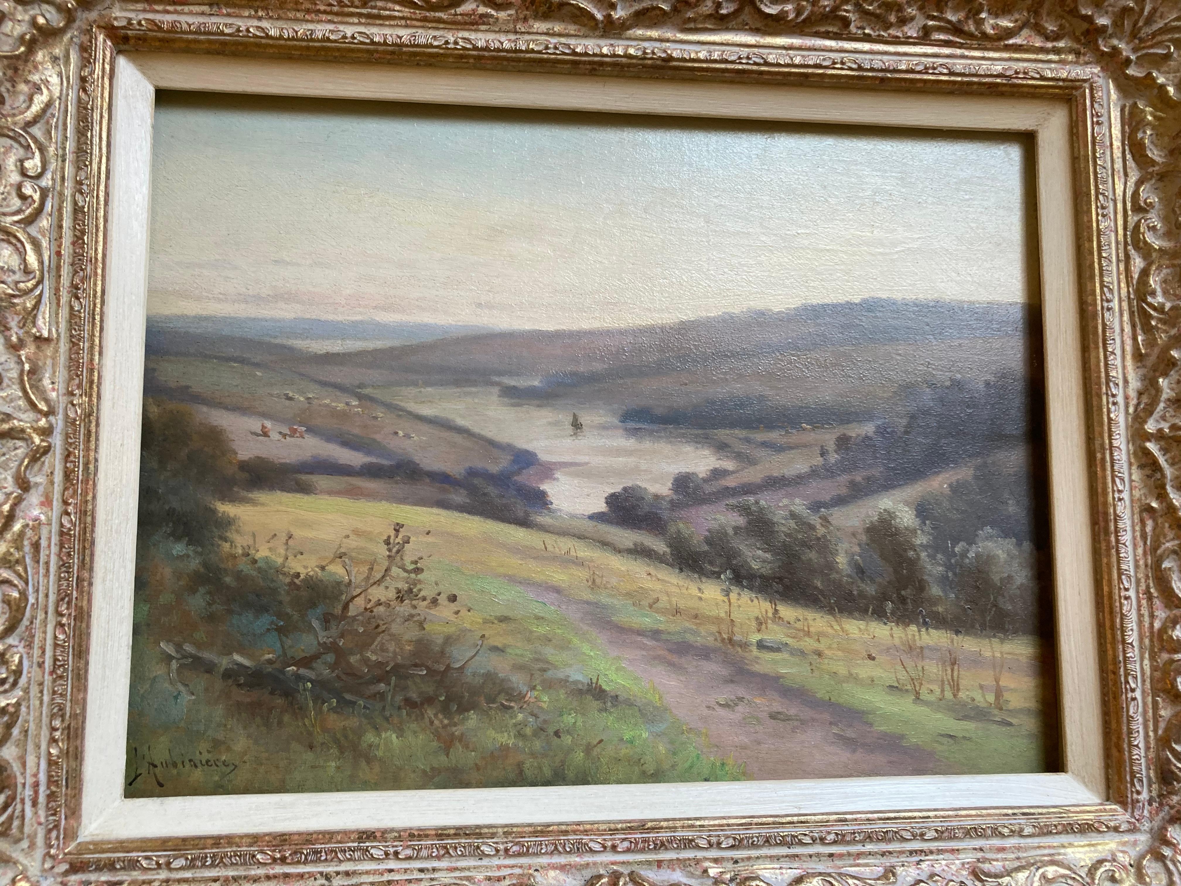 " River Fowey, Cornwall, river and hilly landscape Oil Painting - Art by Georgina Martha de L'Aubiniere