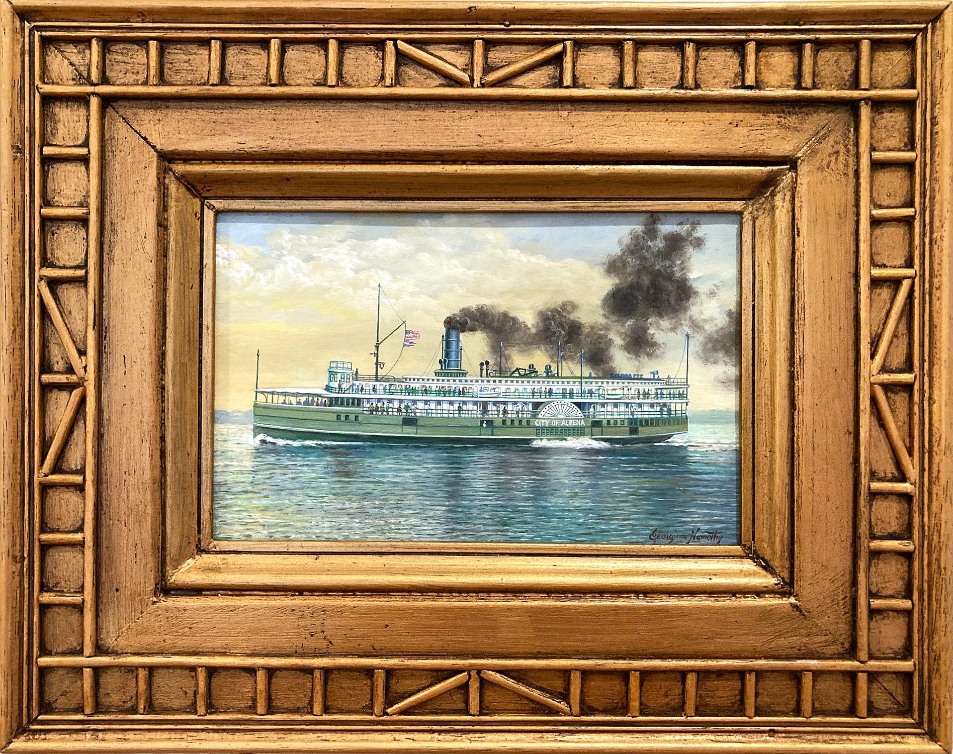 Georgina Nemethy Landscape Painting - "City of Alpena Steamer Ship" American Oil Painting on Board Miniature Details