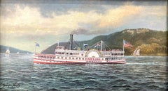 Peinture à l'huile sur panneau «eline Steamer Ship » - Détails miniatures d'un réaliste américain