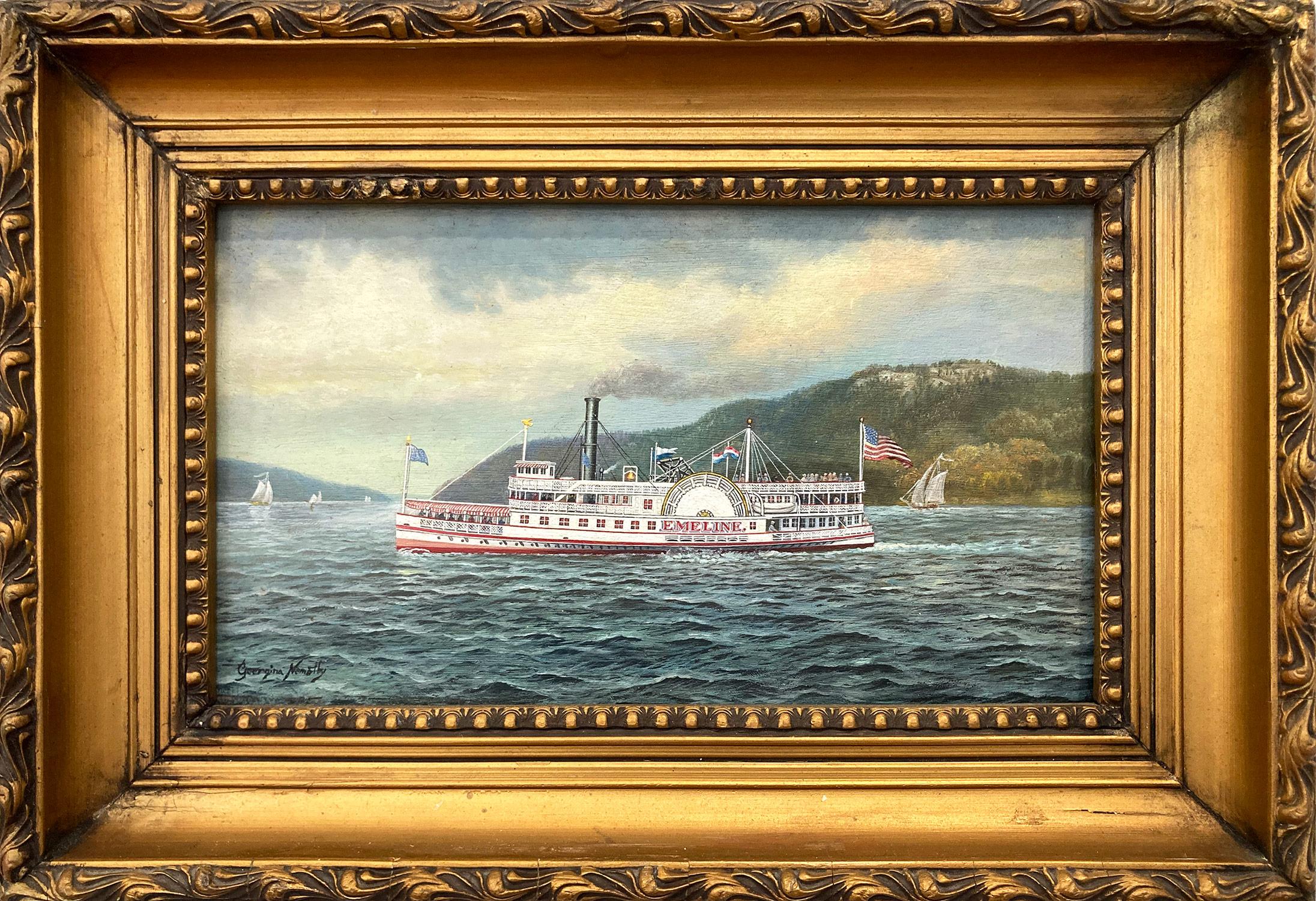 Georgina Nemethy Landscape Painting - "Emeline Steamer Ship" American Realist Oil Painting on Board Miniature Details