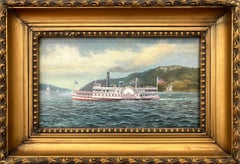 "Emeline Steamer Ship" American Realist Oil Painting on Board Miniature Details