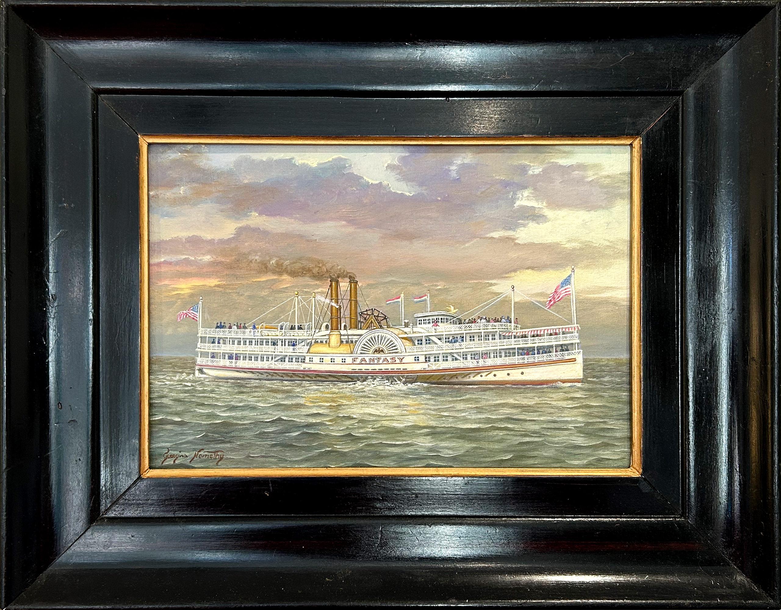 "Fantasy Steamer Ship" American Realist Oil Painting on Board Miniature Details