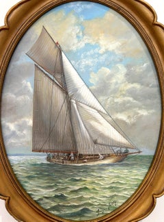 "Yacht de plaisance sur l'Atlantique" Peinture à l'huile réaliste ovale américaine Détail de la miniature