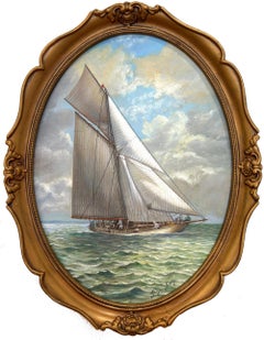 "Gaff Yacht on the Atlantic" American Oval Realist Oil Painting Miniature Detail