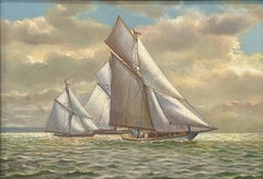 "Gaff Yachts" Peinture à l'huile réaliste américaine sur panneau Détails miniatures encadrés