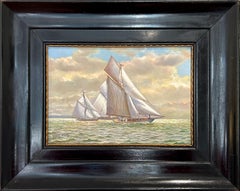 "Gaff Yachts" American Realist Oil Painting on Board Miniature Details Framed