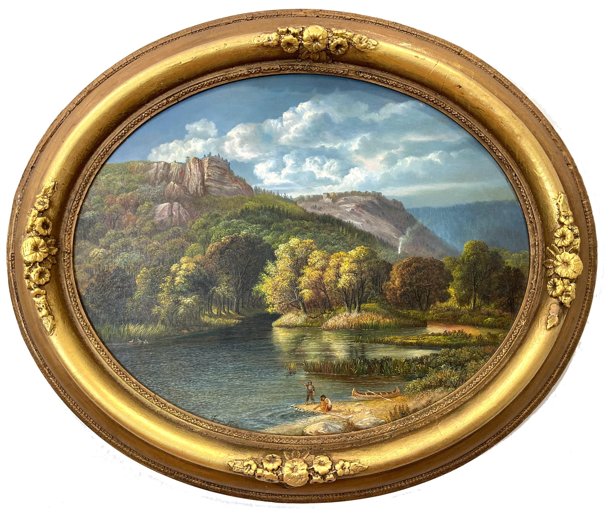 Georgina Nemethy Landscape Painting – "Am Flussufer" Amerikanische Landschaft Ölgemälde auf Karton w Miniatur Details