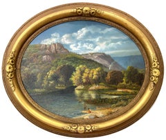 "A la orilla del río" Paisaje americano Pintura al óleo sobre tabla con detalles en miniatura