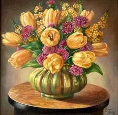 "Yellow Tulips in Zsolnay Vase" Realist Oil Painting Canvas Fine Details Framed