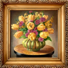 "Yellow Tulips in Zsolnay Vase" Realist Oil Painting Canvas Fine Details Framed