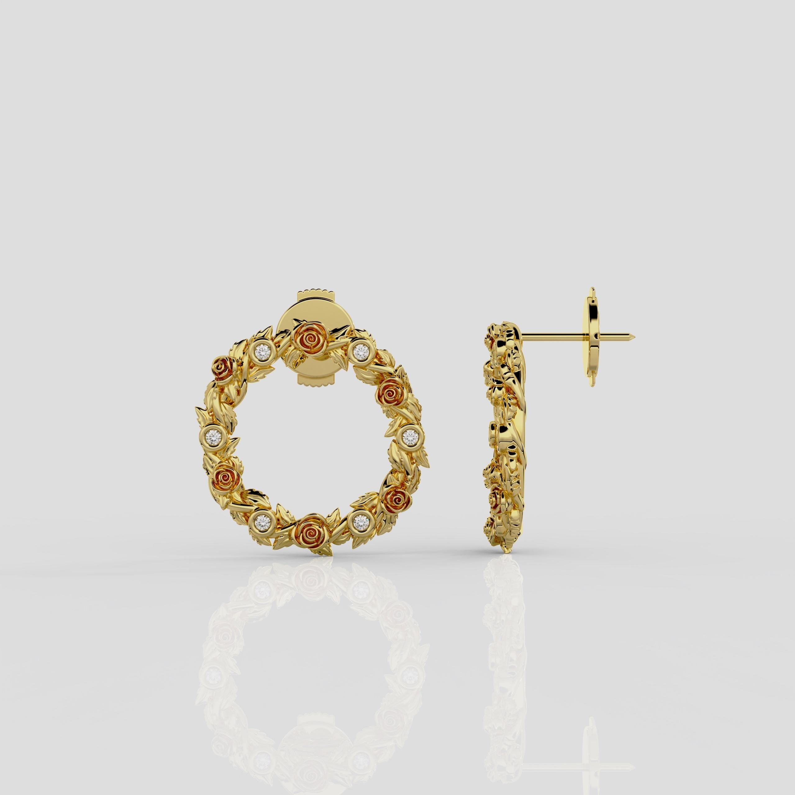 Round Cut Georgina Yvonne 'Bed of Roses' Natural Diamond Earrings in 18ct Yellow Gold For Sale