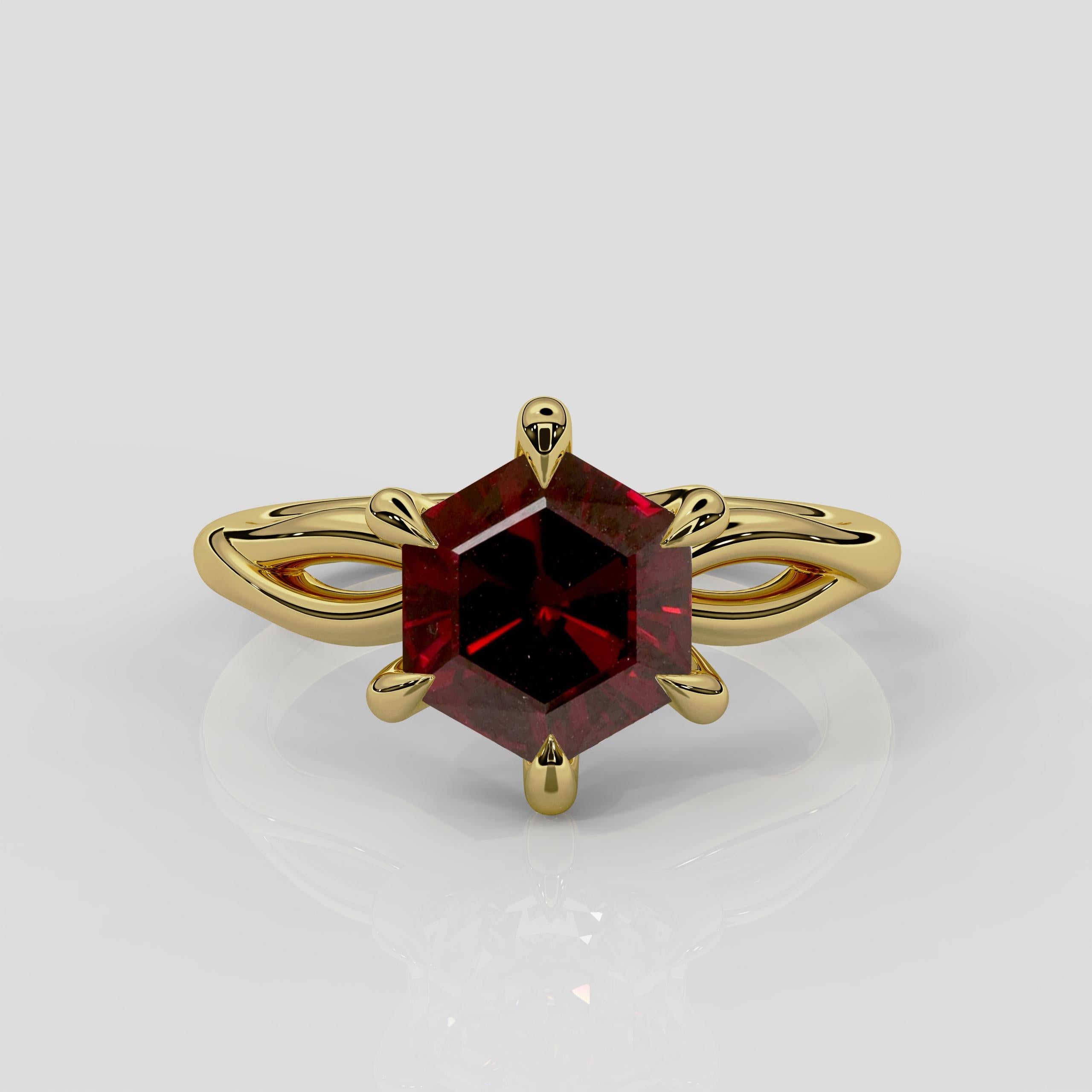 For Sale:  Georgina Yvonne 'Ivy' Hexagon Garnet Engagement Ring in 18ct Yellow Gold 2