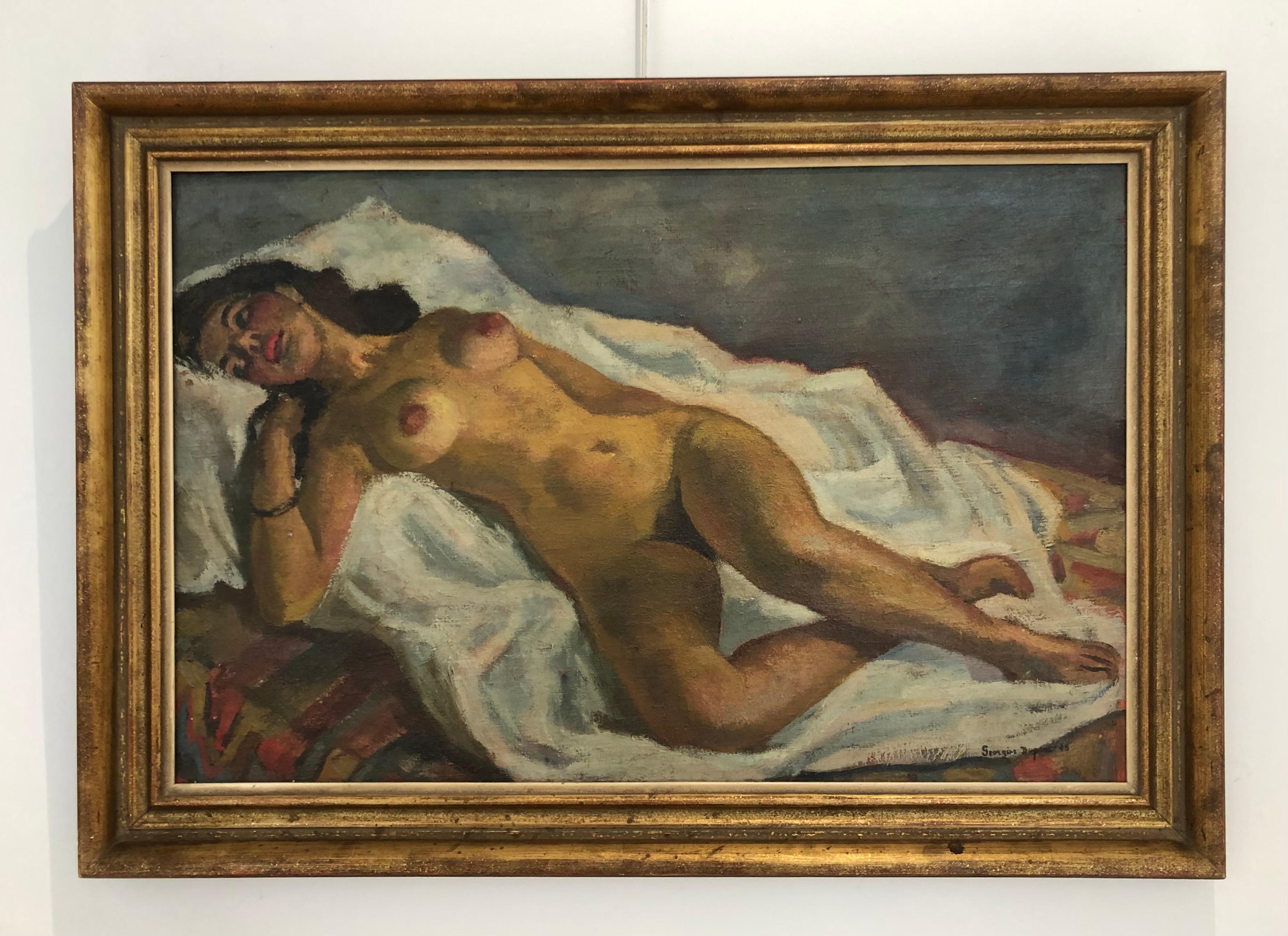 Lying naked woman - Painting by Georgine Dupont