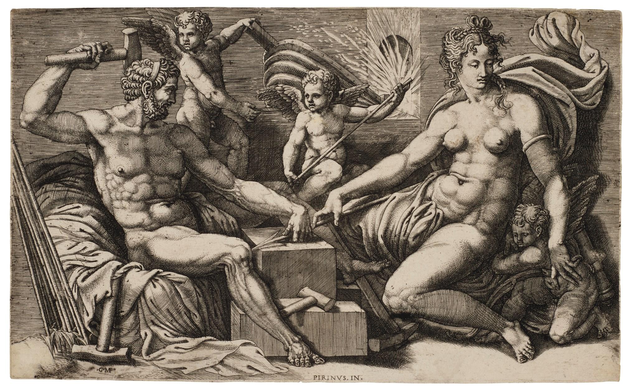Georgio Ghisi Nude Print – Venus und Vulkan in der Schmiede