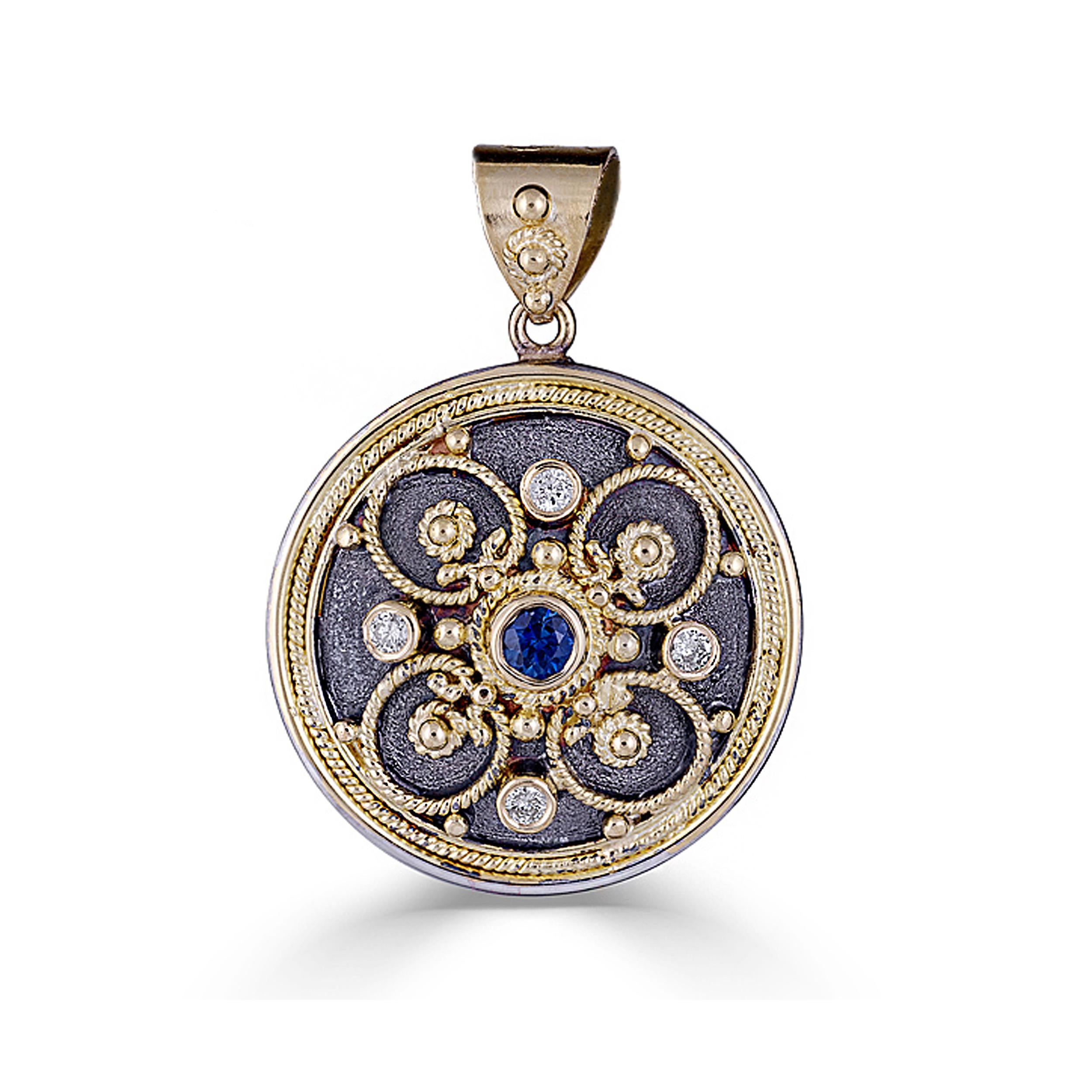 Round Cut Georgios Collection 18 Karat Yellow Gold Rhodium Diamonds Byzantine Pendant   For Sale