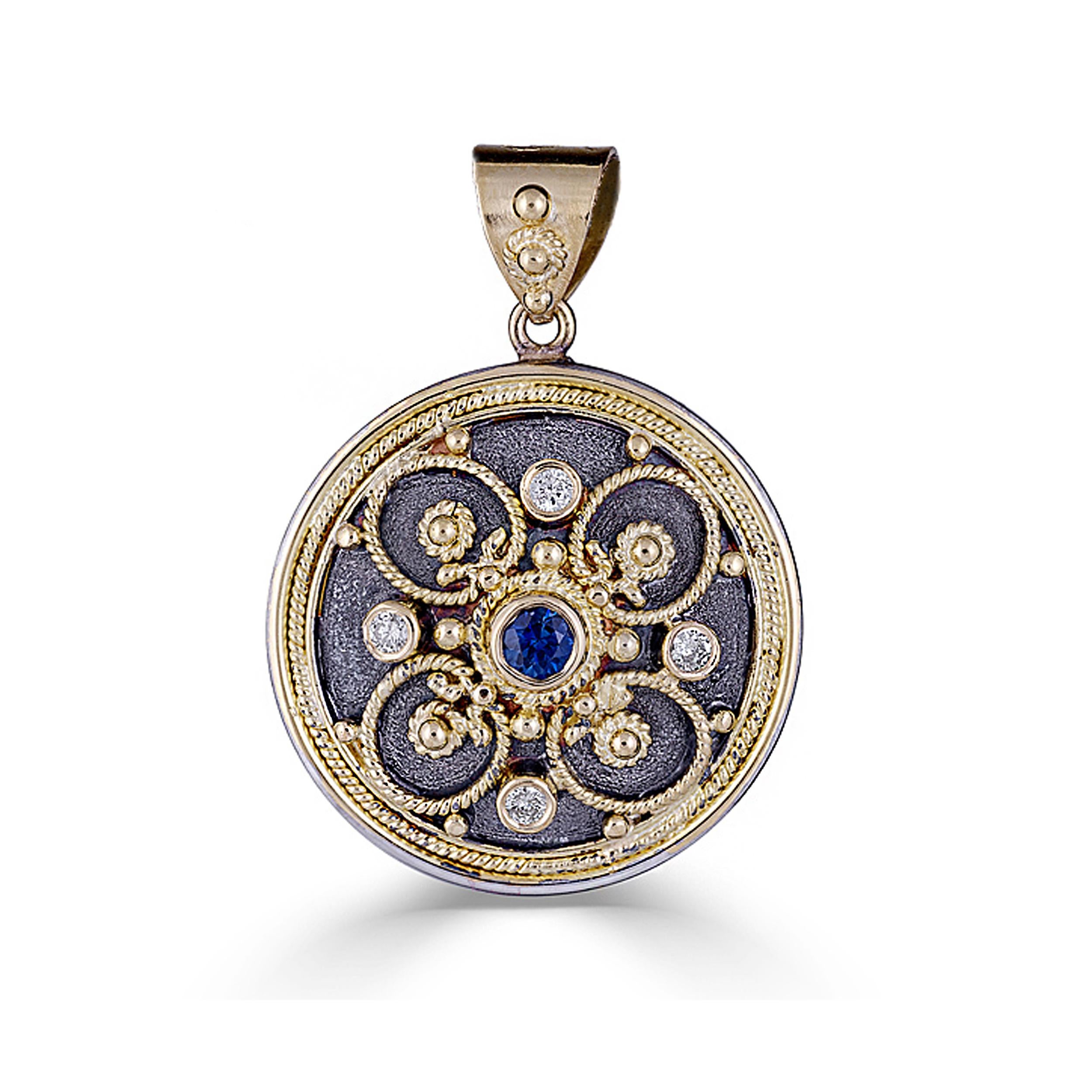 Round Cut Georgios Collection 18 Karat Yellow Gold Rhodium Diamonds Byzantine Pendant For Sale