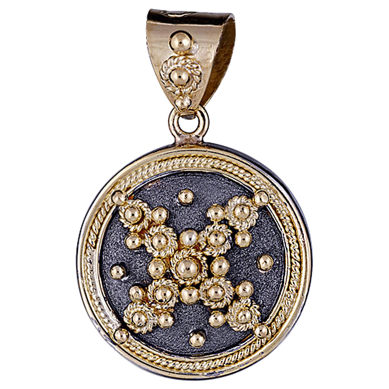 Georgios Collection 18 Karat Gold Byzantine Pendant With Granulation & Rhodium 