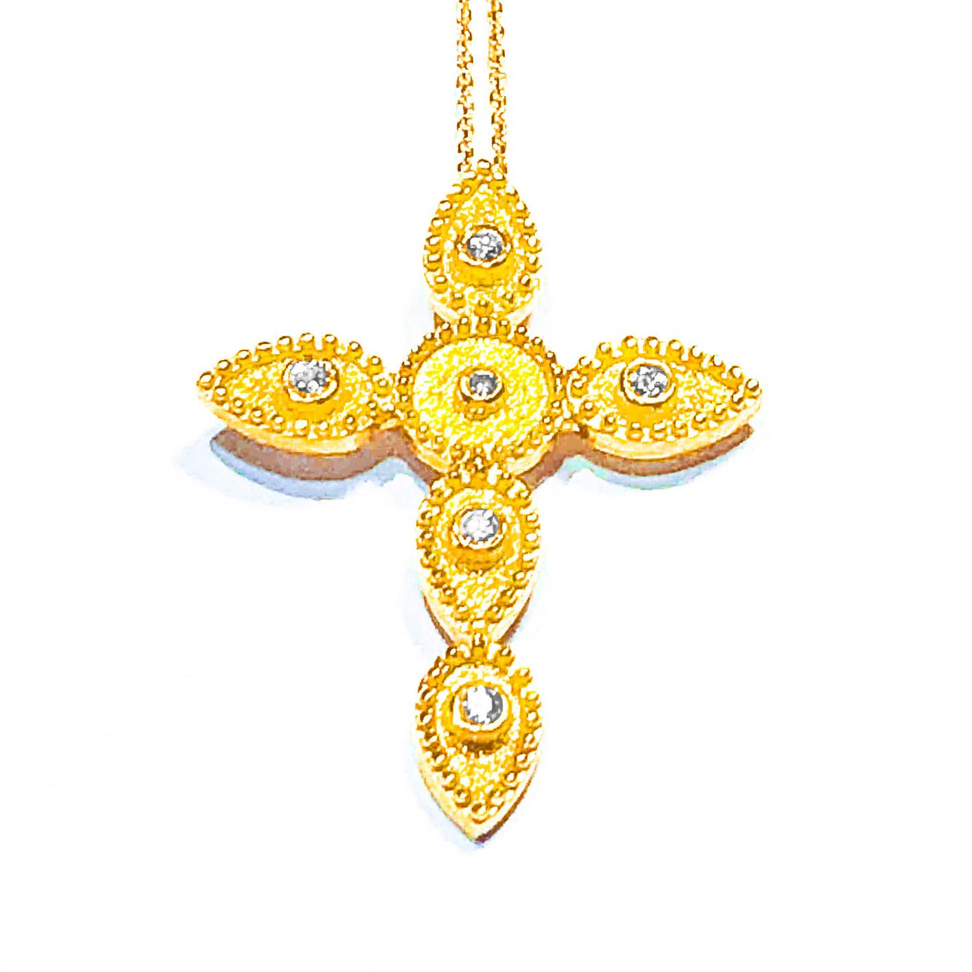 S.Georgios Cross is all handmade from solid 18 Karat Yellow Gold and is microscopically decorated with granulation work all the way around. The background of the Cross has a unique velvet look and features 6 Brilliant cut Diamonds total weight of