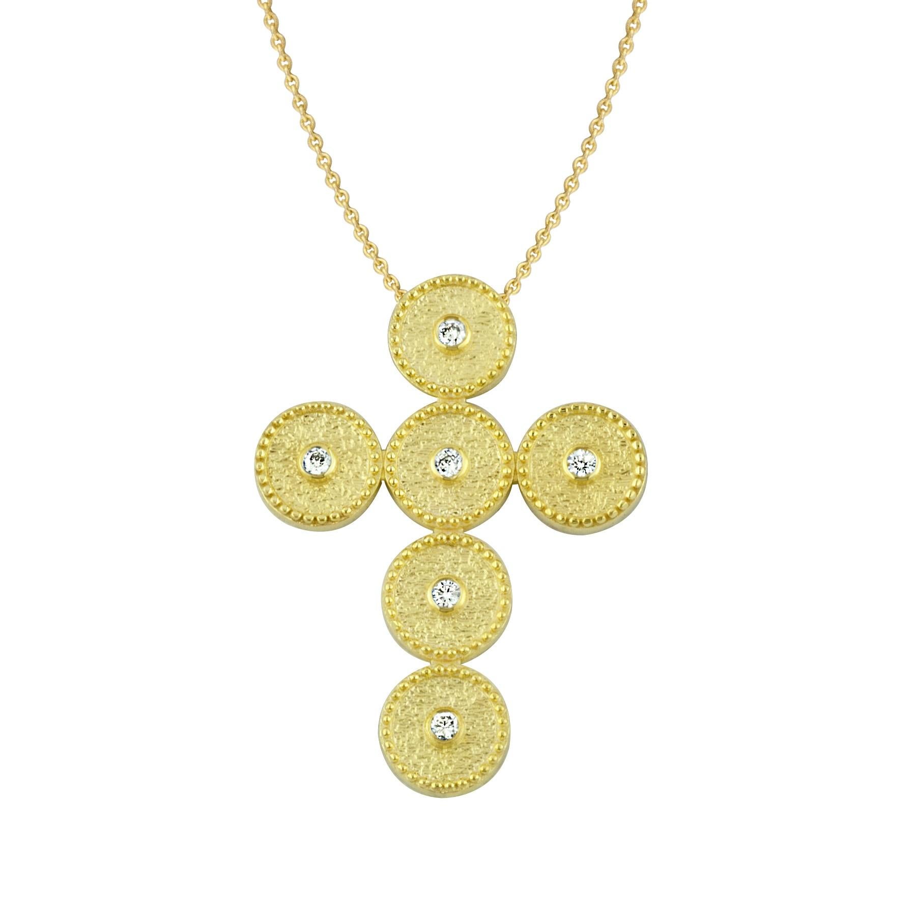 This S.Georgios Cross is all handmade from solid 18 Karat Yellow Gold and is microscopically decorated with granulation work all the way around. The background of the stunning Cross has a unique velvet look and features 6 Brilliant cut Diamonds