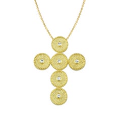 Georgios Collections 18 Karat Yellow Gold Diamond Granulation Cross with Chain