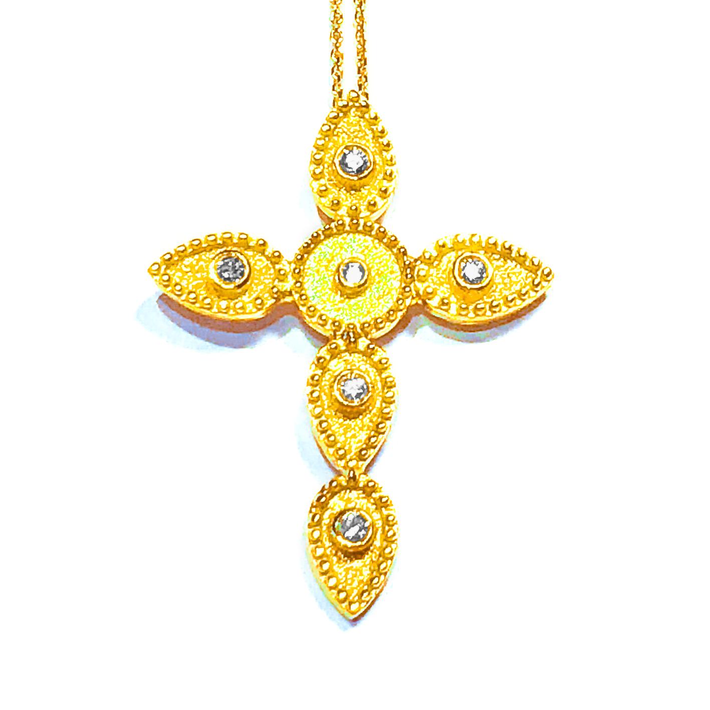 Byzantine Georgios Collections 18 Karat Yellow Gold Diamond Granulation Cross With Chain  For Sale