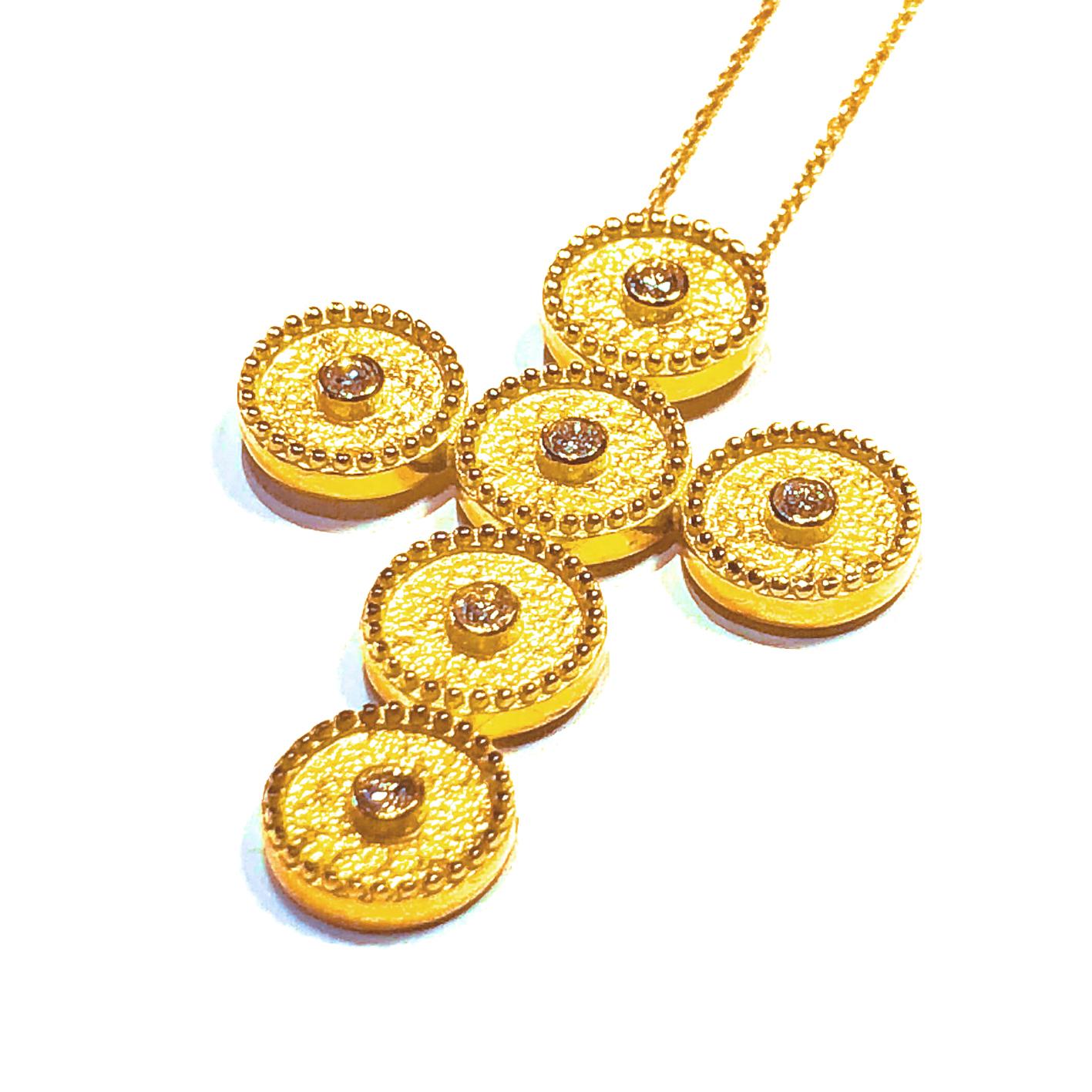 Byzantine Georgios Collections 18 Karat Yellow Gold Diamond Granulation Cross with Chain For Sale