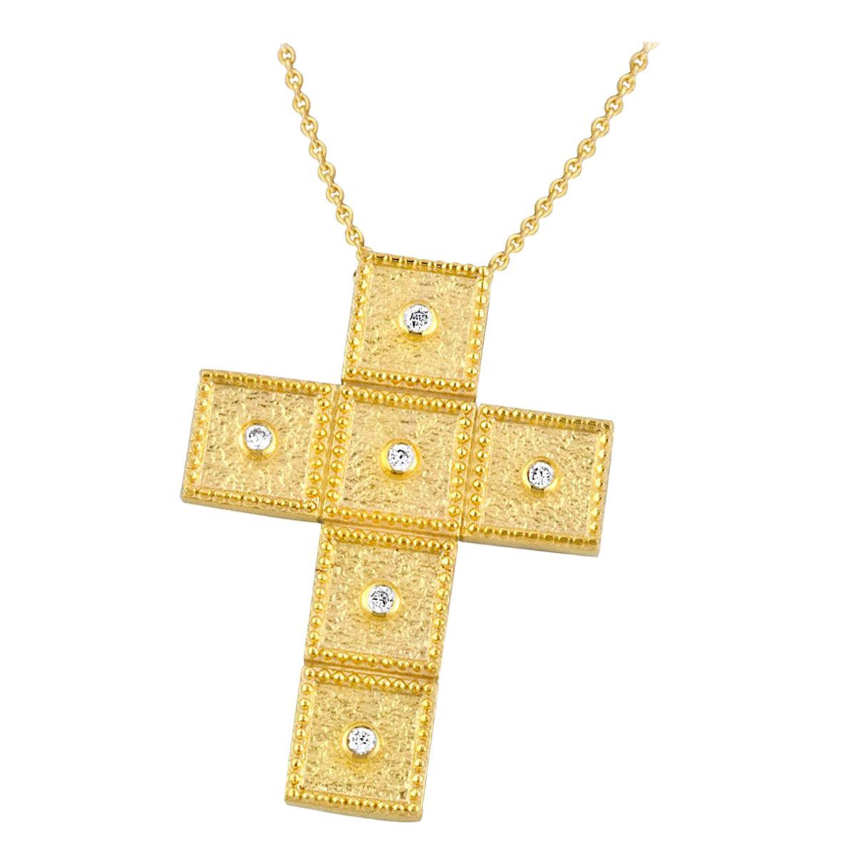 Georgios Collection 18 Karat Gold Diamond Cross with Chain and Granulation Work