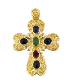 Georgios Collection 18 Karat Gold Diamond, Emerald, Sapphire and Ruby Cross