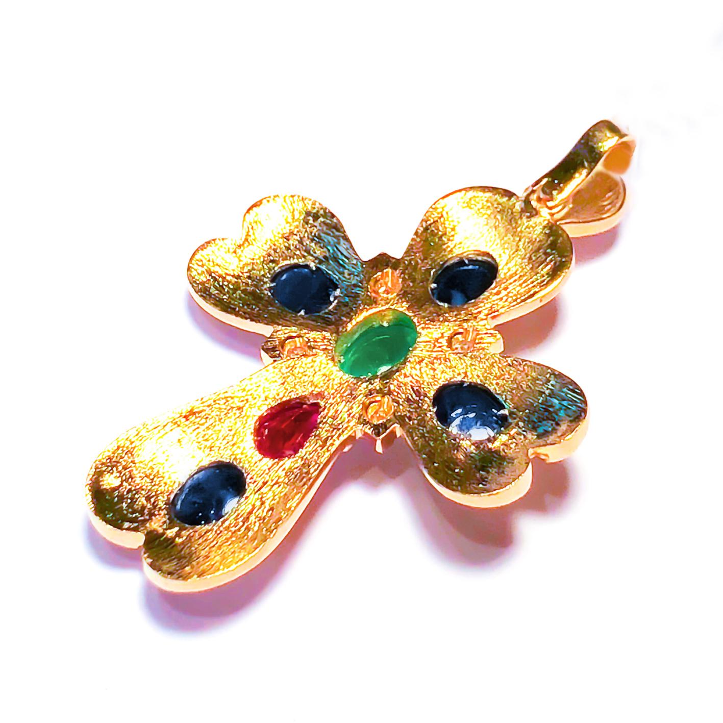 Byzantine Georgios Collection 18 Karat Gold Diamond, Emerald, Sapphire and Ruby Cross   For Sale