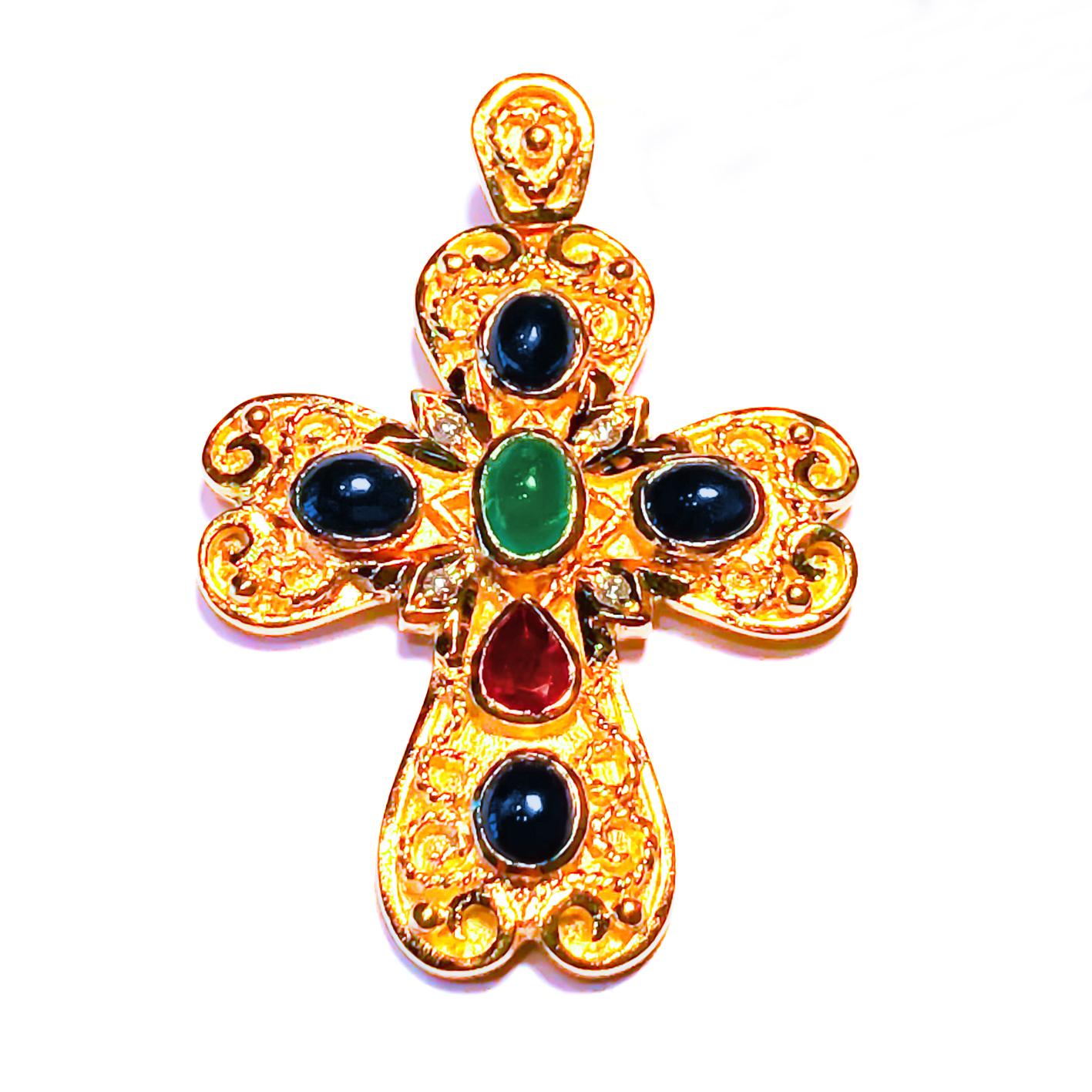 Georgios Collection 18 Karat Gold Diamond, Emerald, Sapphire and Ruby Cross   In New Condition For Sale In Astoria, NY
