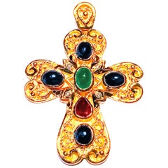 Georgios Collection 18 Karat Gold Diamond, Emerald, Sapphire and Ruby Cross  