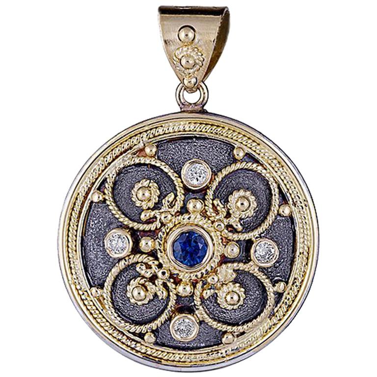 Georgios Collection 18 Karat Gold Diamond Pendant With Granulation & Rhodium 