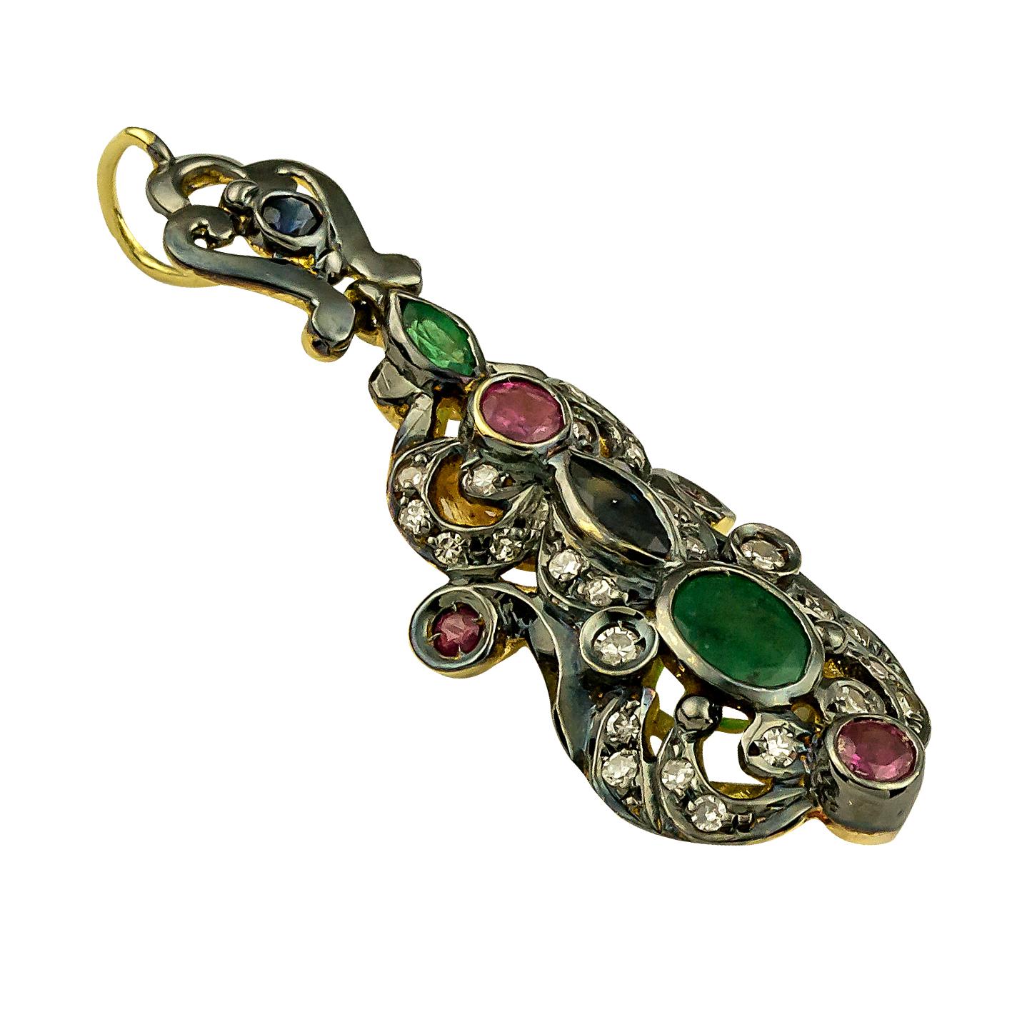 S.Georgios design Byzantine Pendant all handmade from solid 18 Karat Yellow Gold. The unique pendant is finished with Black Rhodium and is decorated with diamonds total weight of 0,30 Carats and Emeralds, Rubies, and Sapphire's total weight of 1,80