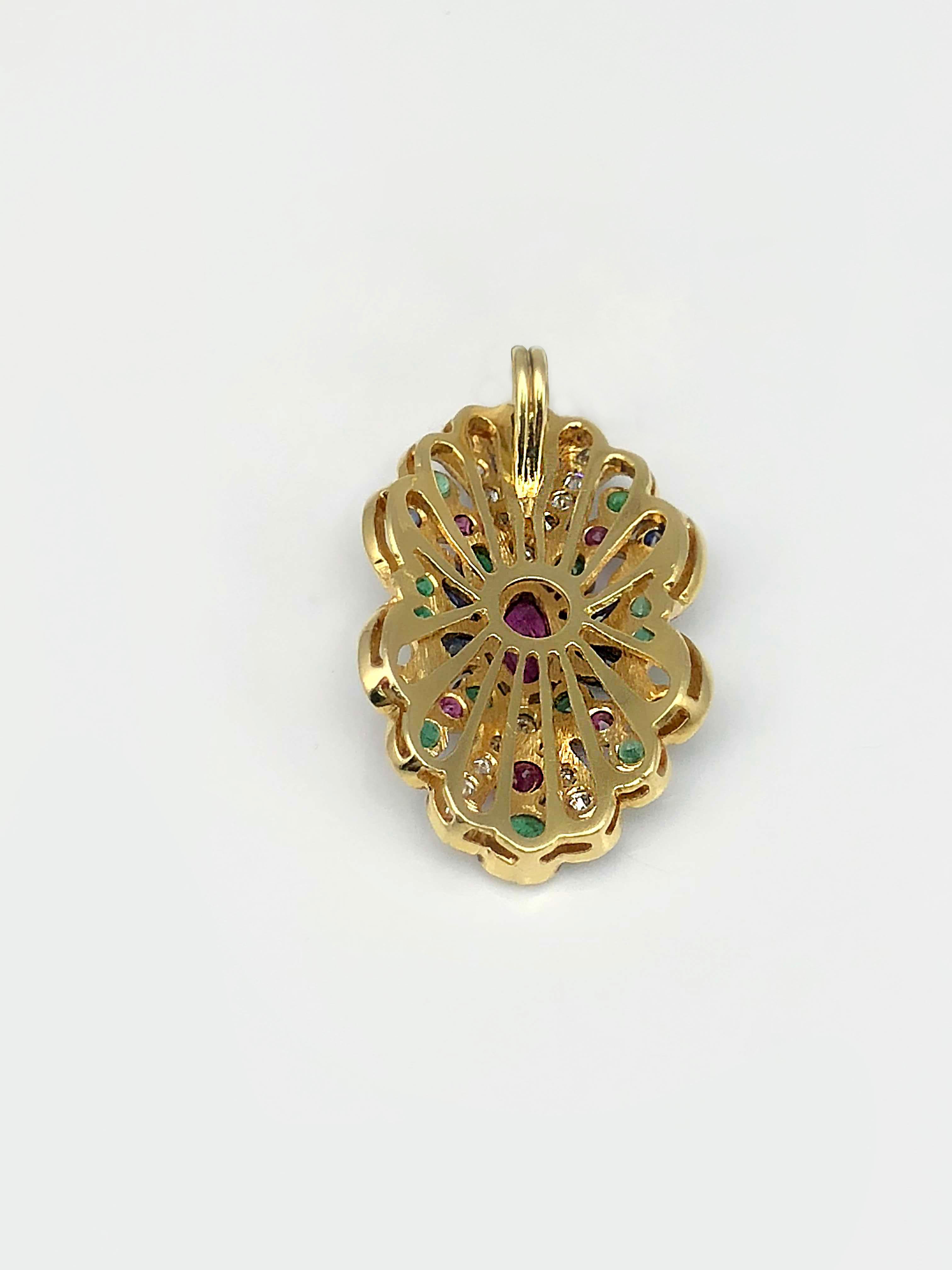 Byzantine Georgios Collection 18 Karat Gold Diamond Pendant with Sapphires Rubies Emerald For Sale