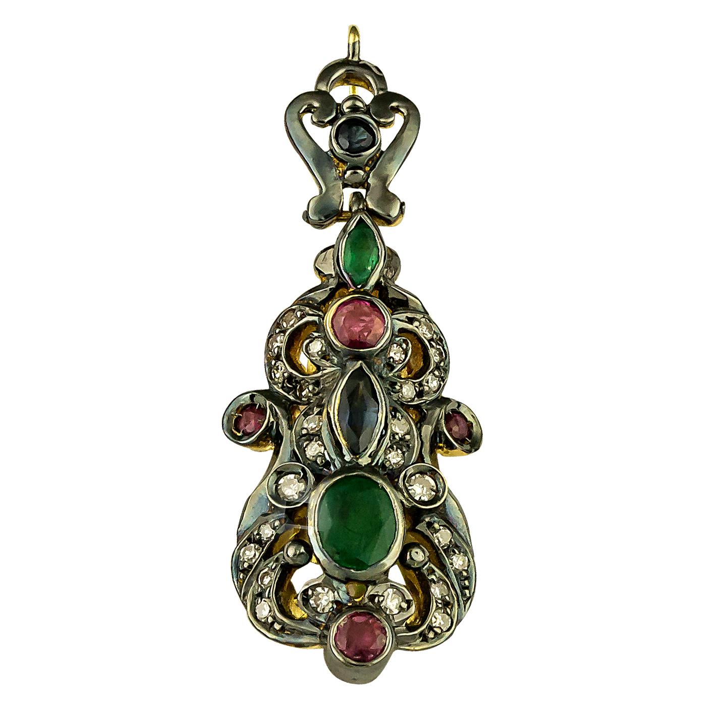 Byzantine Georgios Collections 18 Karat Gold Diamond Pendant with Sapphires Rubies Emerald For Sale