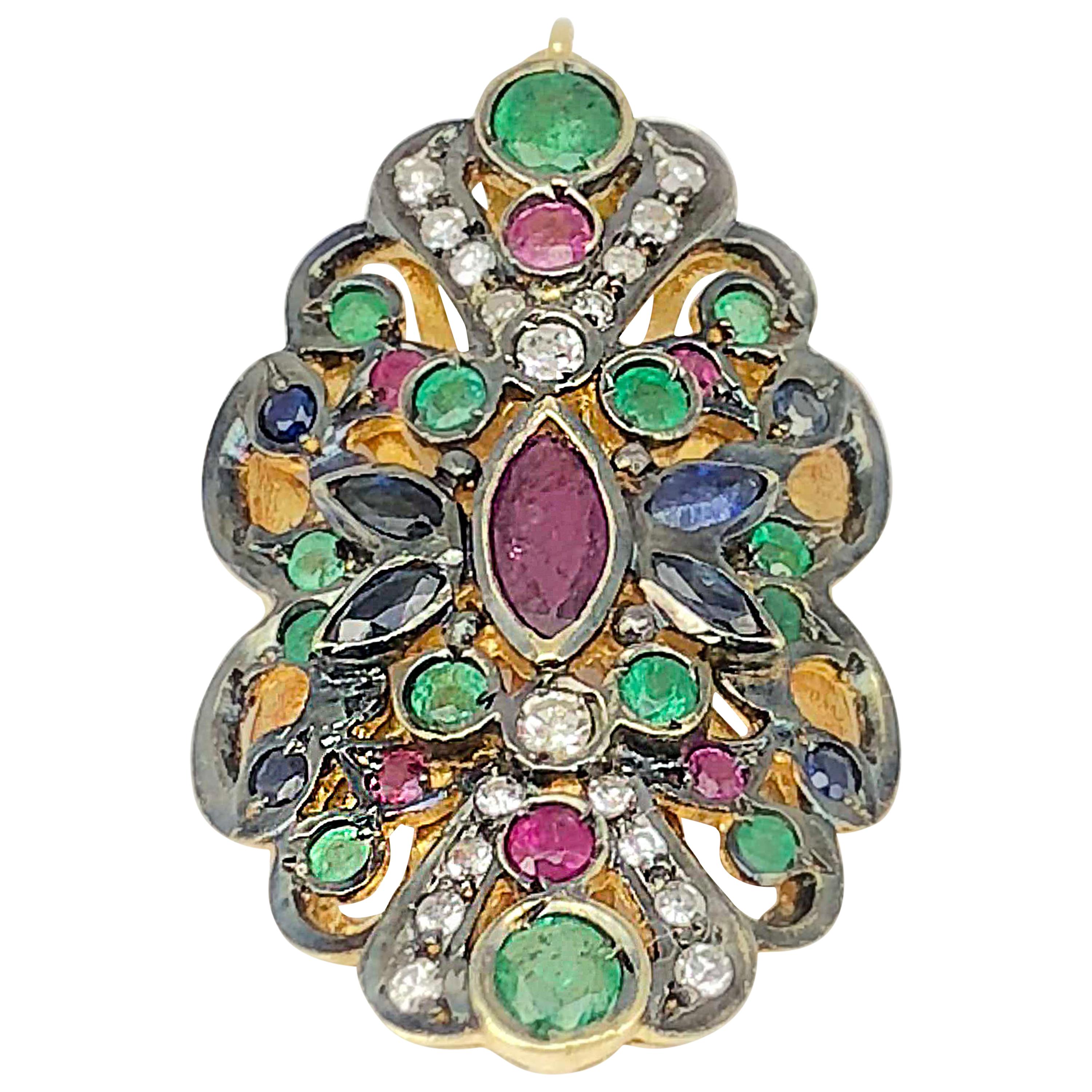Georgios Collection 18 Karat Gold Diamond Pendant with Sapphires Rubies Emerald For Sale