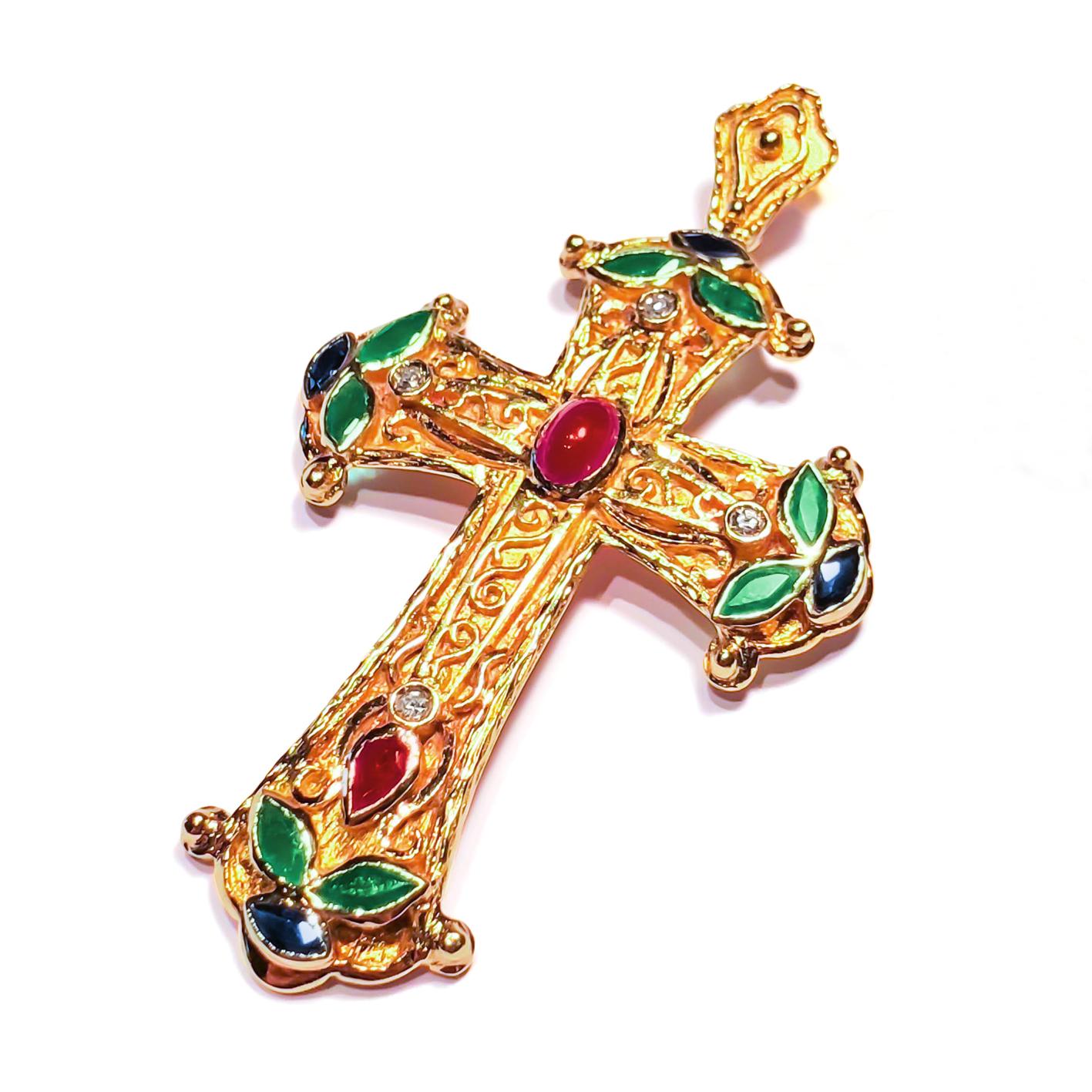 Georgios Kollektionen 18 Karat Gold Multicolor Rubin Diamant, Smaragdkreuz  (Byzantinisch) im Angebot