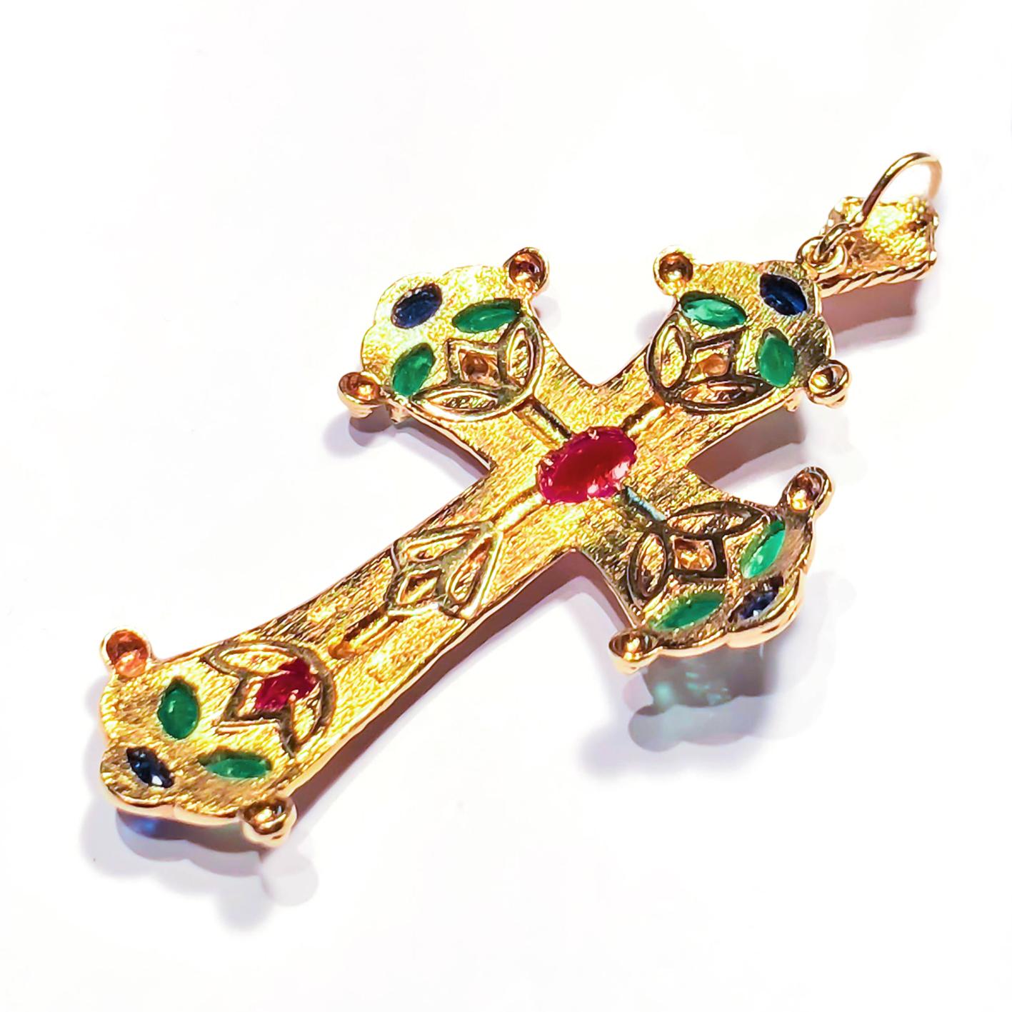 Byzantine Georgios Collections 18 Karat Gold Multi Color Ruby Diamond, Emerald Cross  For Sale