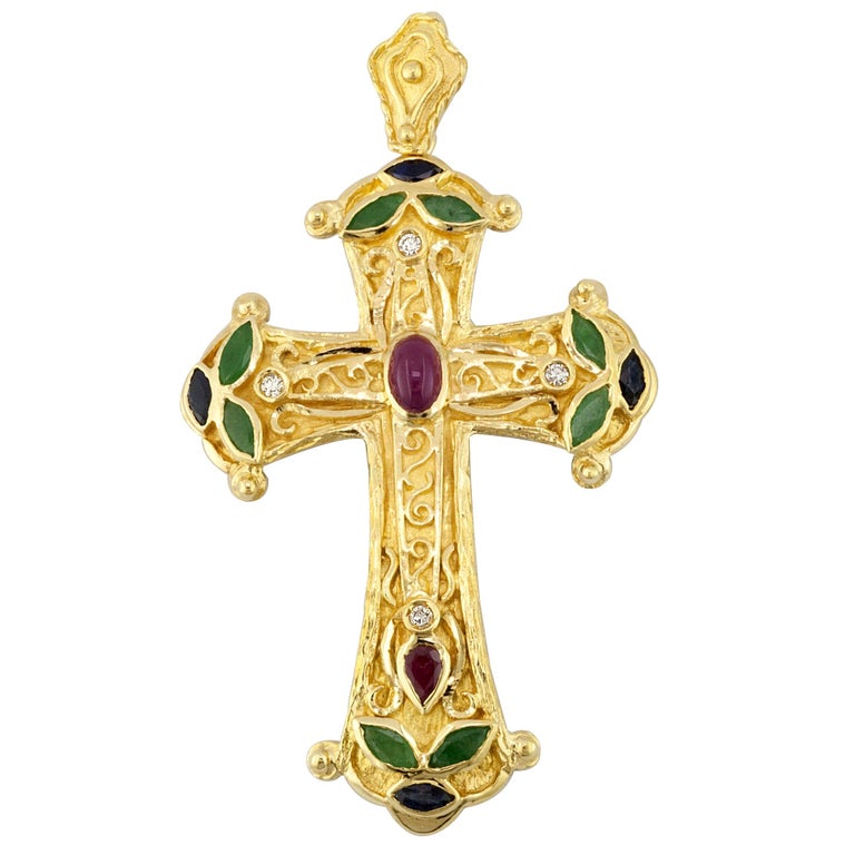 Georgios Collections 18 Karat Gold Multi Color Ruby Diamond, Emerald Cross  For Sale