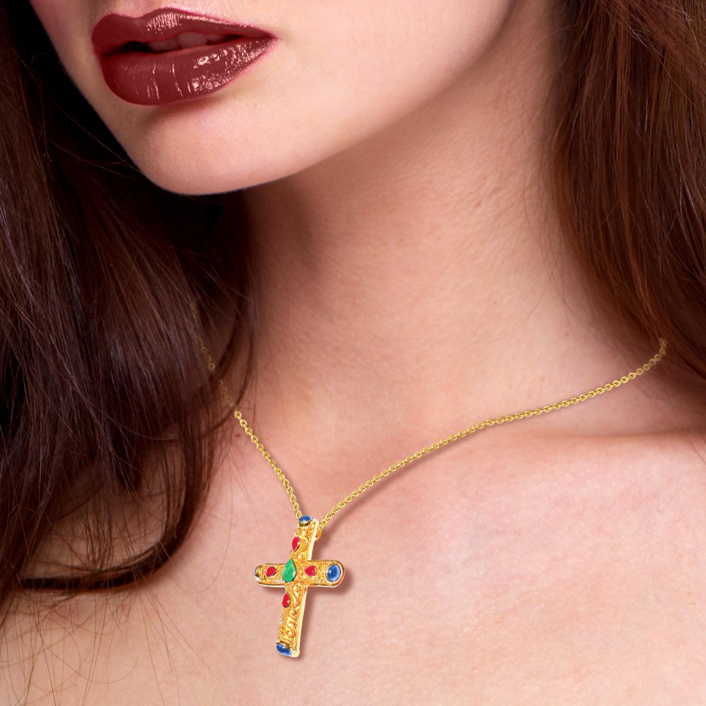 Pear Cut Georgios Collection 18 Karat Gold Emerald, Ruby, Blue Sapphire Byzantine Cross   For Sale