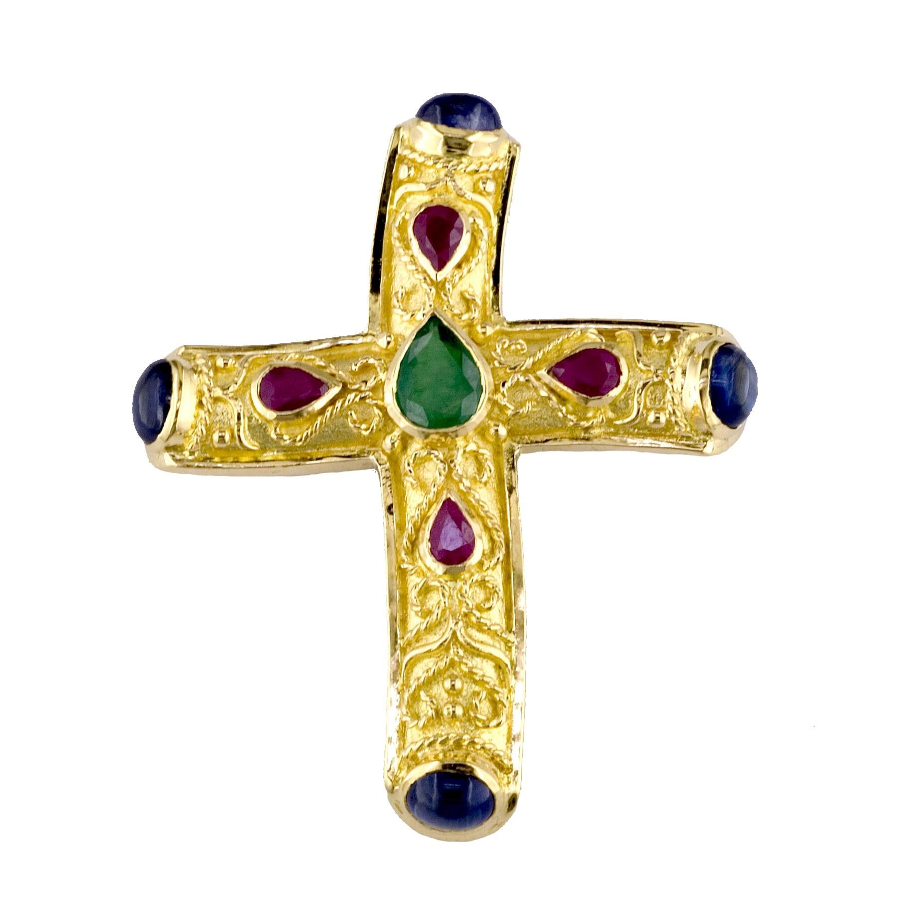 Georgios Kollektion 18 Karat Gold Smaragd, Rubin, blauer Saphir, byzantinisches Kreuz   (Byzantinisch) im Angebot
