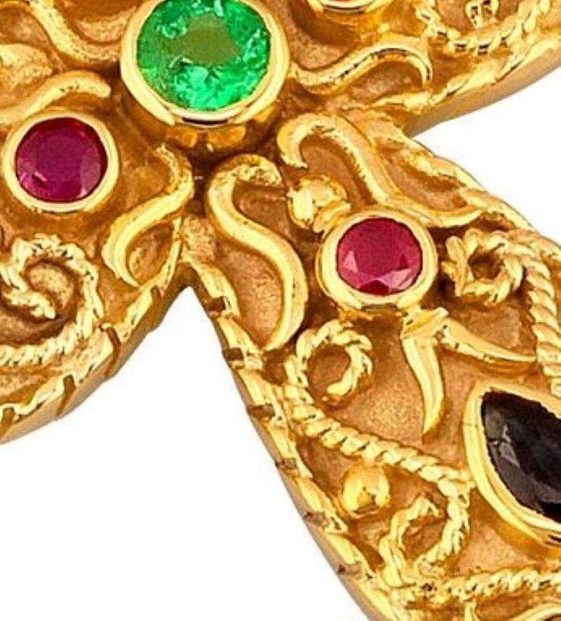 Round Cut Georgios Collection 18 Karat Gold Granulated Emerald Sapphire and Ruby Cross For Sale