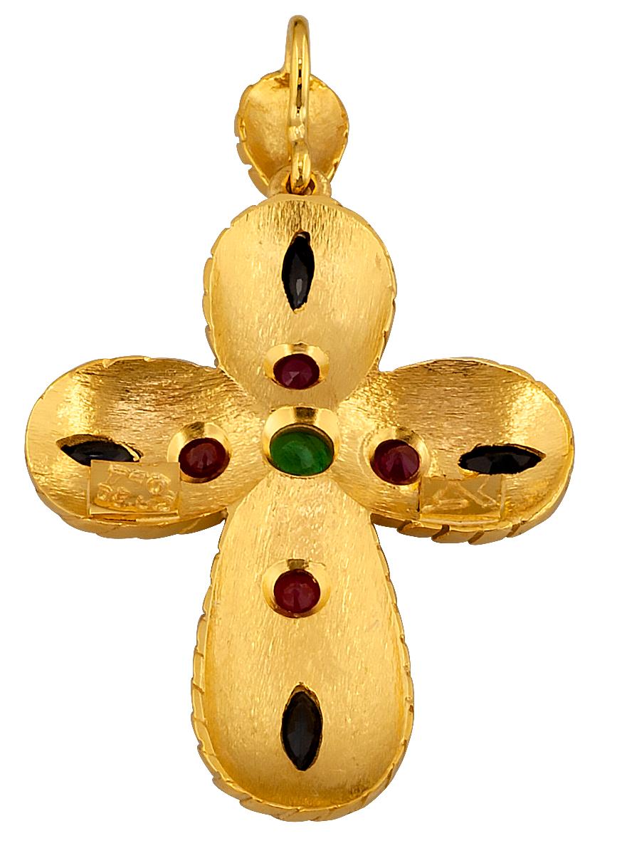 Georgios Collection 18 Karat Gold Granulated Emerald Sapphire and Ruby Cross For Sale 3