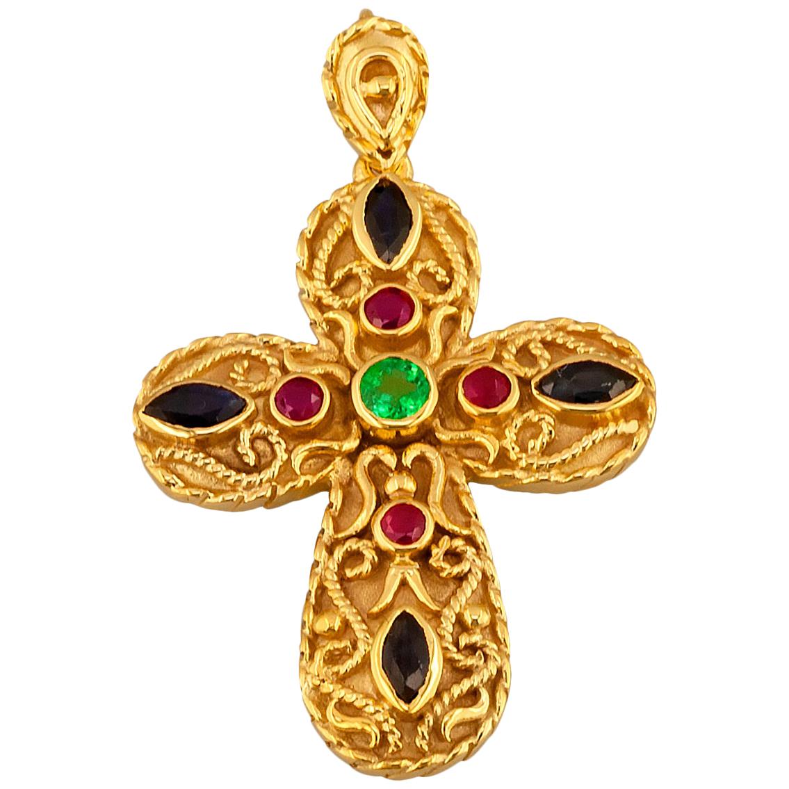 Georgios Collection 18 Karat Gold Granulated Emerald Sapphire and Ruby Cross