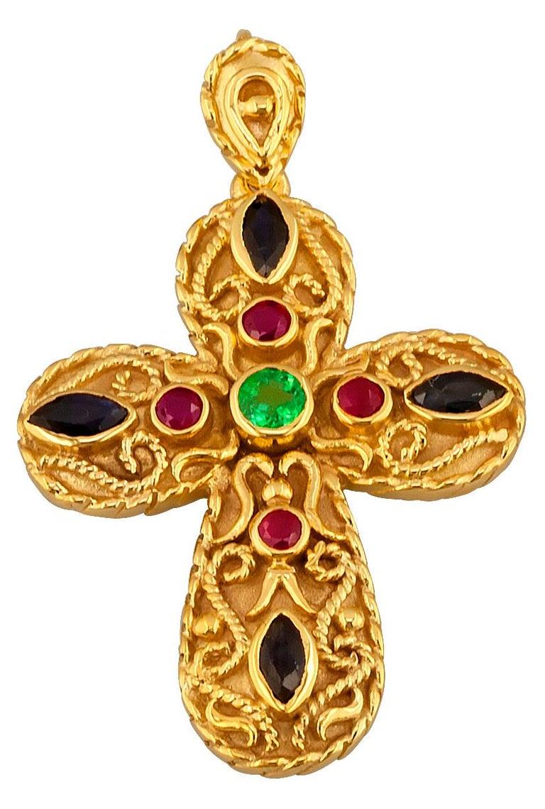 Croix multicolore de la collection Georgios en or 18 carats, émeraude, saphir, rubis en vente 1